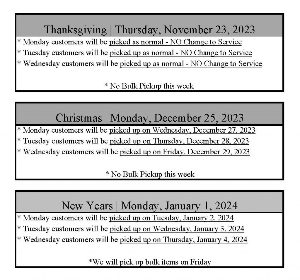 2023 holiday Residential Garbage pick up schedule Town of Dundee, Florida