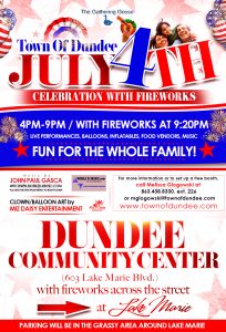 town of Dundee July 4th Celebration with Fireworks 4-9pm at 9:20pm