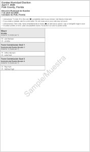 Sample ballot for the Dundee Municipal Election, April 7, 2026, Polk County, Florida. The ballot is bilingual in English and Spanish and includes instructions to fill in the oval completely using black or blue pen and to request a new ballot if a mistake is made. Offices listed: Mayor (Vote for 1): Joe Garrison Jill Kitto Town Commission Seat 1 (Vote for 1): Clifton Bernard Julia Hunt Town Commission Seat 3 (Vote for 1): Ray Hunt Alethea Pugh The ballot contains a diagonal “Sample/Muestra” watermark across the page.