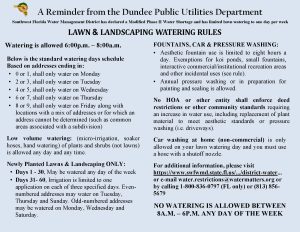 Flyer titled “A Reminder from the Dundee Public Utilities Department” with the Town of Dundee logo at the top. It states that the Southwest Florida Water Management District has declared a Modified Phase II Water Shortage limiting lawn watering to one day per week. Watering is allowed only between 6:00 p.m. and 8:00 a.m. A schedule lists watering days based on the last digit of home addresses: 0–1 Monday, 2–3 Tuesday, 4–5 Wednesday, 6–7 Thursday, 8–9 Friday. Low-volume watering for plants (not lawns) is allowed any time. Newly planted lawns may be watered daily for days 1–30, then limited to specific days for days 31–60 based on odd or even addresses. Additional rules cover fountain use (limited to eight hours daily), pressure washing allowances, and car washing (only on assigned watering day using a hose with shutoff nozzle). It states HOAs cannot require additional watering. Contact information and website details are provided. Bold text at the bottom reads: “NO WATERING IS ALLOWED BETWEEN 8 A.M. – 6 P.M. ANY DAY OF THE WEEK.”