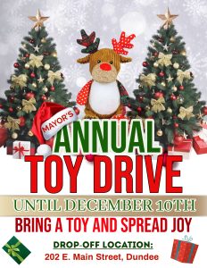 Silver with two Christmas trees and a holiday reindeer toy and two presents at the bottom. Wording states: Mayor's Annual Toy Drive Until December 10th, bring a toy and spread joy