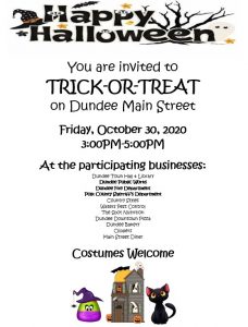 Trick or Treat down Dundee Main Street on Friday, October 30, 2020 from 3 - 5 pm 