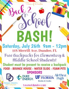 Back 2 School Bash Flyer, multi-colored, school supply objects, wording that provides details for the event on Saturday, July 26th from 9am-12pm at 118 Merrill Ave., Dundee.