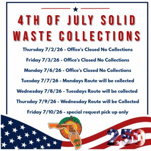 An informational flyer titled "4TH OF JULY SOLID WASTE COLLECTIONS" from Dundee, Florida, featuring a blue and red border with stars, a logo reading "Doorway to the Ridge Dundee 1925," and "250" styled with an American flag. The image details the modified trash pickup schedule for July 2026: • Thursday 7/2/26: Office's Closed No Collections • Friday 7/3/26: Office's Closed No Collections • Monday 7/6/26: Office's Closed No Collections • Tuesday 7/7/26: Mondays Route will be collected • Wednesday 7/8/26: Tuesdays Route will be collected • Thursday 7/9/26: Wednesday Route will be Collected • Friday 7/10/26: special request pick up only 