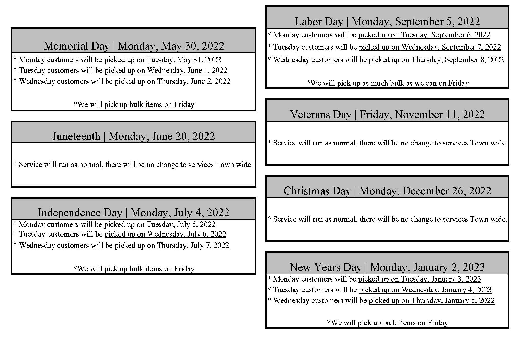 2022 Holiday Sanitation Schedule Town Of Dundee Florida